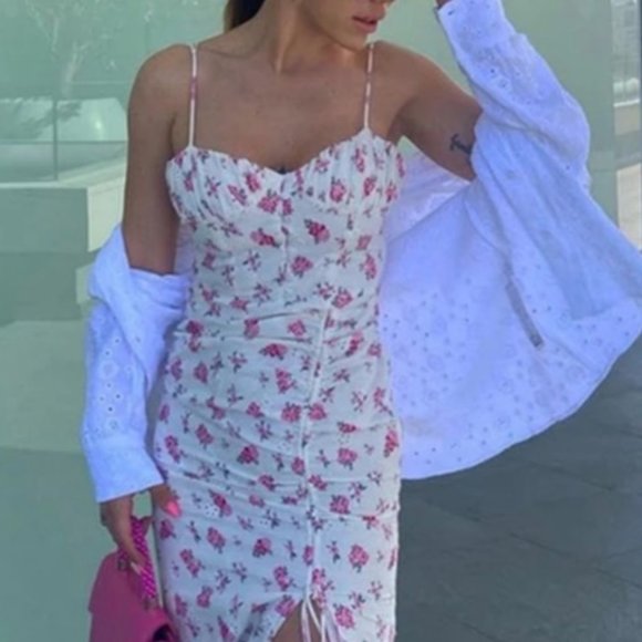 ZARA LINEN FLORAL BUSTIER EYELET SMOCKED BACK FULLY LINED MIDI DRESS - Picture 7 of 14